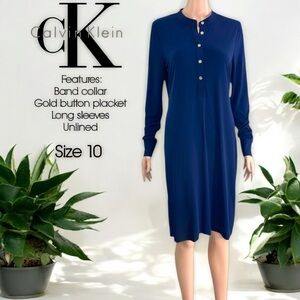 Calvin Klein Navy Blue Jersey Button Long Sleeve Dress